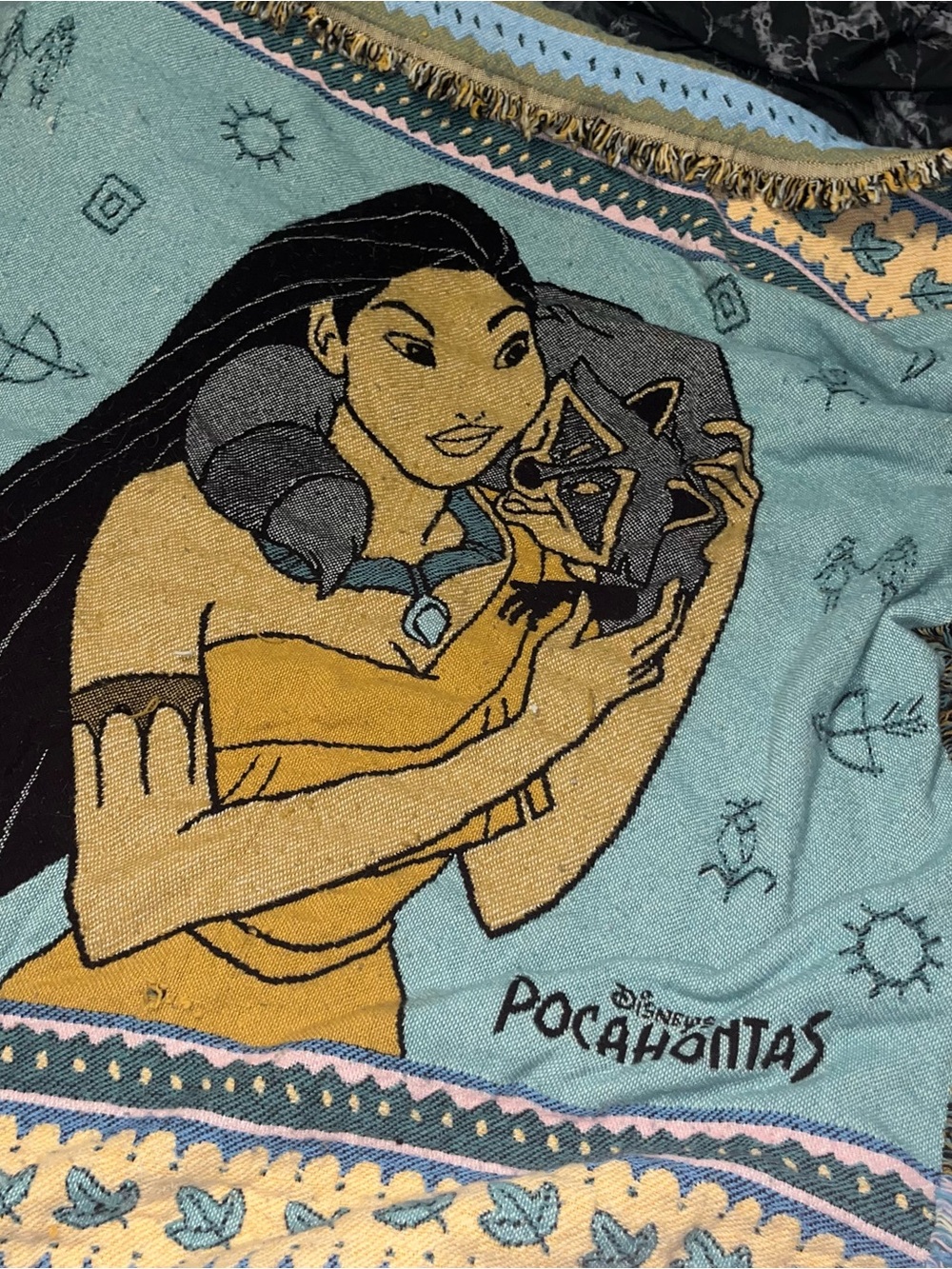 Vintage Disney Pocahontas Decorative Woven Throw - Teal, Gold, Pink & Black